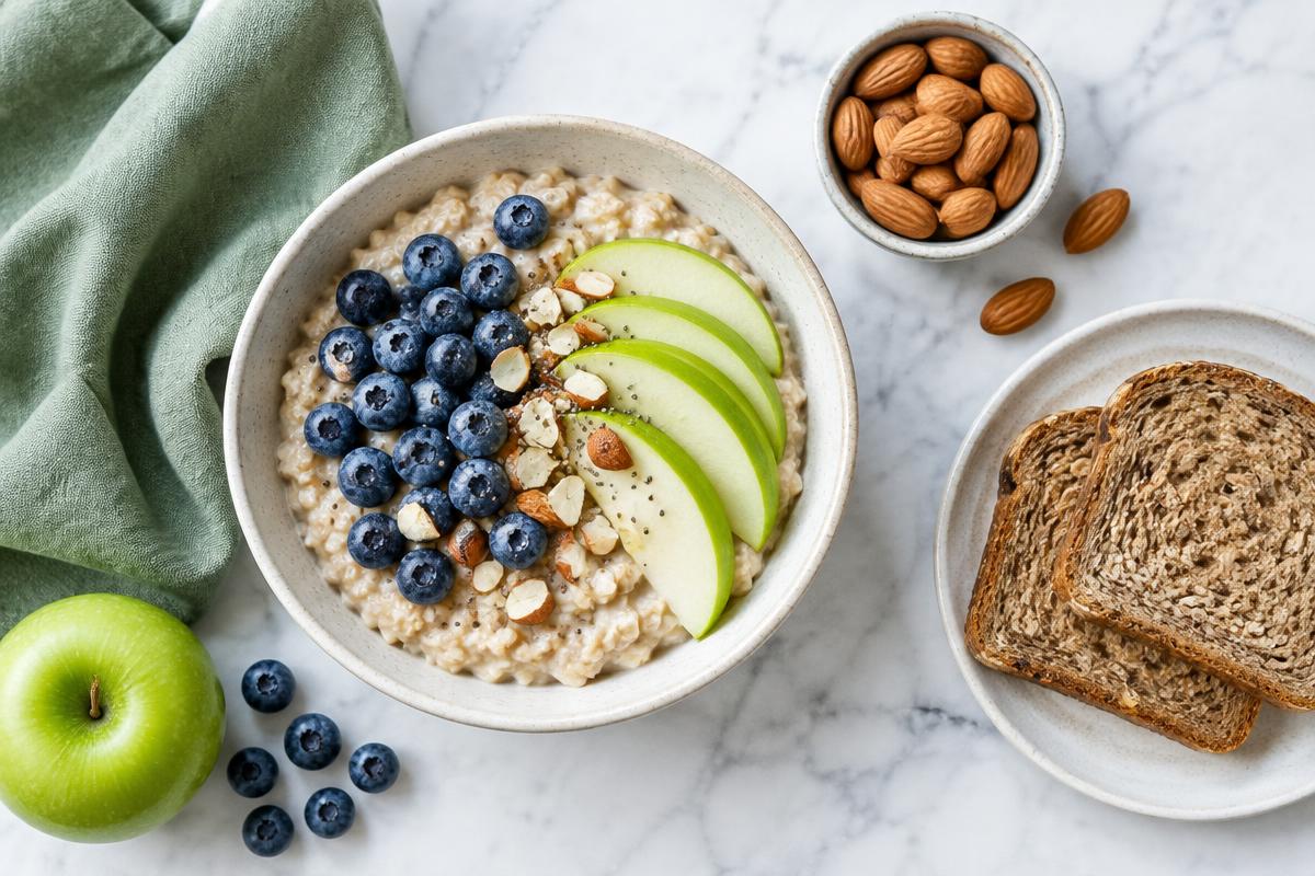 Oatmeal with blueberries and green apple, whole grain bread, and almonds as an illustration of everyday nutrition